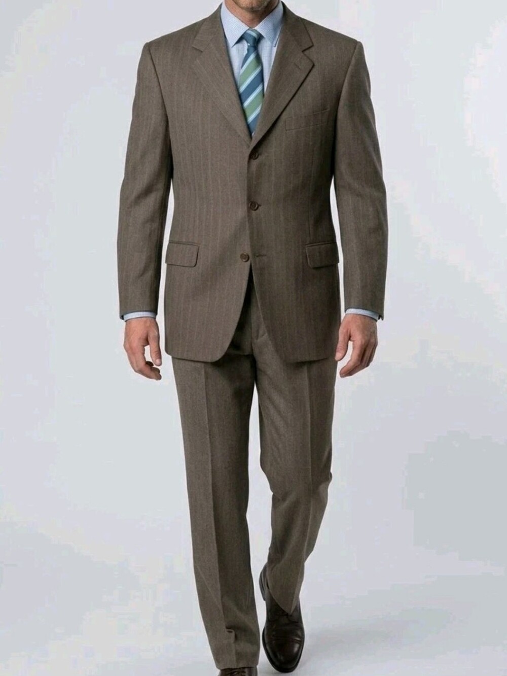 Canali Italy Wool Suit 54L/44L Olive Pinstripe 2-Piece Pants W34x32 +2.5" Hem